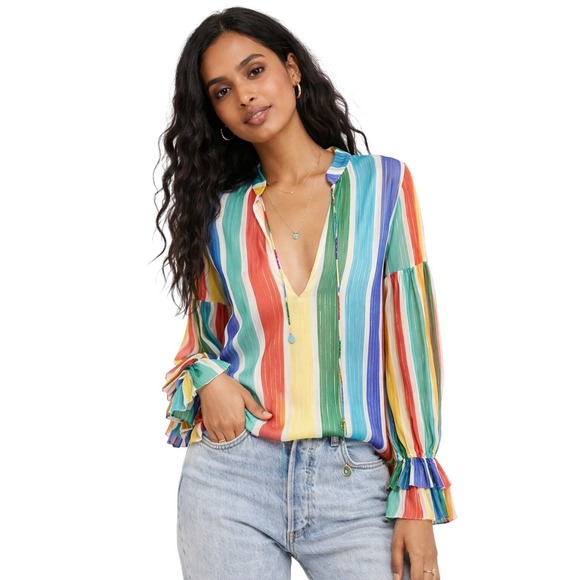 Rococo Sand Tops - ROCOCO SAND Mirage rainbow stripe blouse boho ruffle sleeve resort‎ XS
